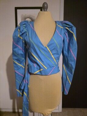 Blue Striped Wrap Crop Top with Puff Sleeves Rotate Birger Christensen Revolve